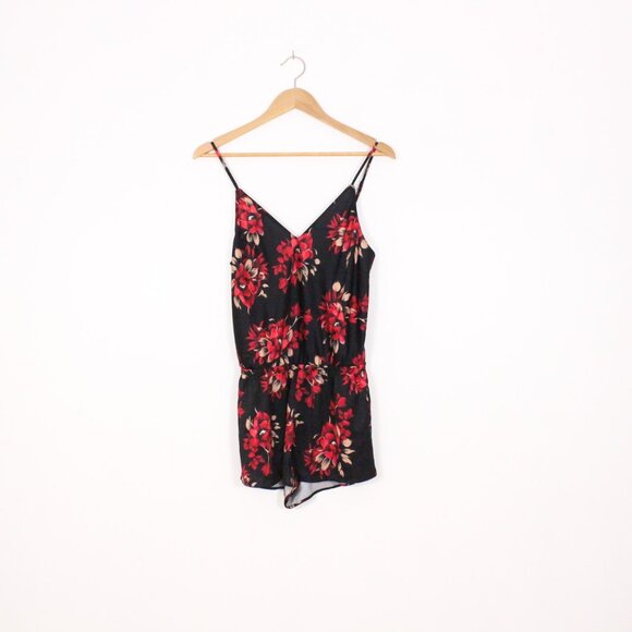 La Vie En Rose Satin Night Black & Red Floral Romper - Picture 4 of 9